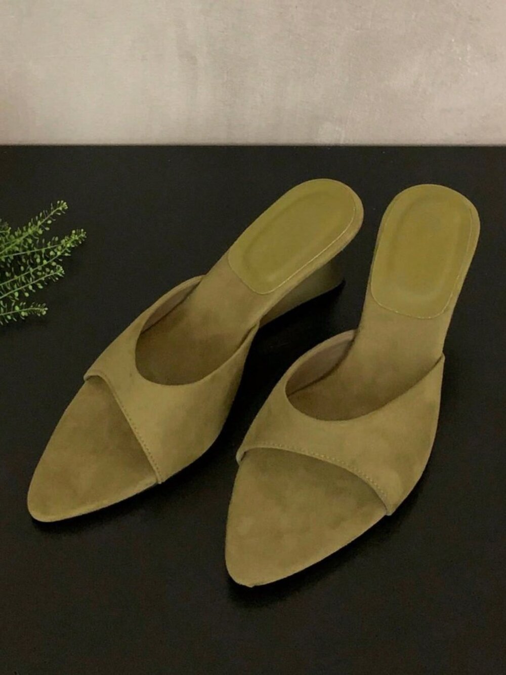 Dark Green Casual Women's Pointed Toe Wedge Slide Sandals - Picture 10 of 11